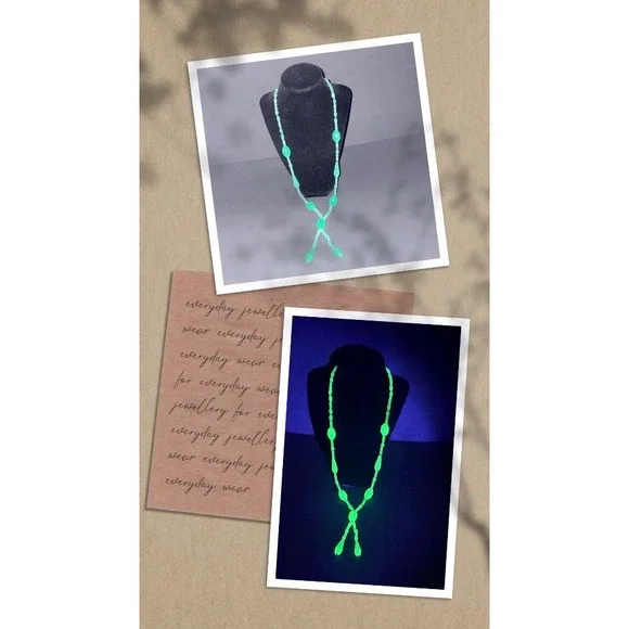 Vtg Green Uranium Glass Beaded Necklace UV Reactive Vaseline Glass Glows Flapper - Picture 2 of 16